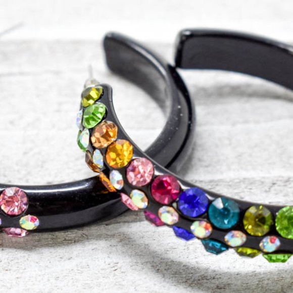 2.5" Black Multicolor Rhinestone Hoop Earrings - Picture 7 of 7
